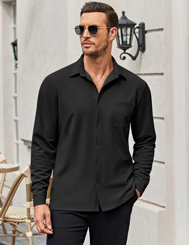 Vista 2 de COOFANDY Camisas de manga larga sin arrugas para hombre, camisas casuales con botones