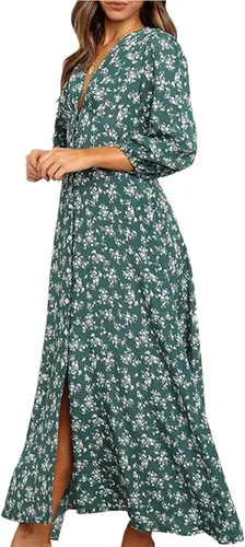 Vista 3 de Vestidos hawaianos para mujer, vestido de playa bohemio floral elegante de verano 2023, con cuello en V cruzado, vestido largo fruncido y fluido