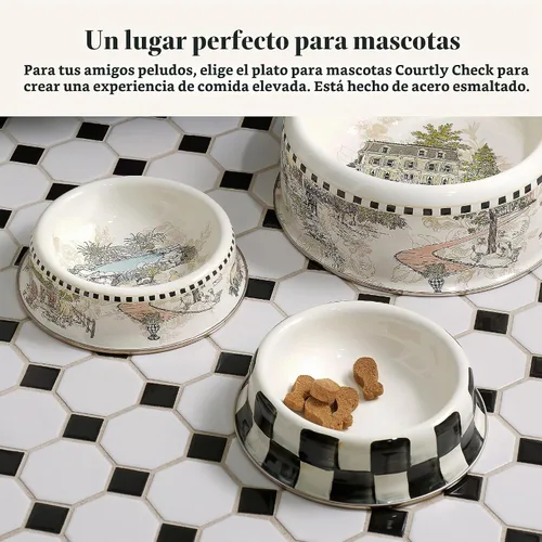 Vista 2 de MACKENZIE-CHILDS - Plato esmaltado para mascotas, pequeño, a cuadros cortesanos en blanco y negro Cuenco decorativo para gatos y perros