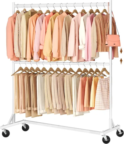 Vista 10 de Hoctieon Estante de doble barra Z, estantes de ropa rodantes con base en Z, perchero ajustable para ropa, perchero de pie para ropa de pie, perchero