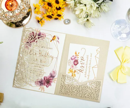 Vista 6 de Página interior personalizada, cortada con láser, bolsillo para tarjetas de invitaciones de boda con sobre para fiesta de cumpleaños, invitación