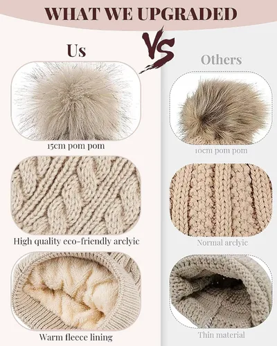 Vista 2 de Alepo Gorro de invierno para mujer, cálido forro polar, tejido suave, con pompón