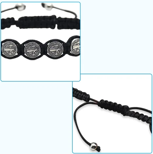 Vista 4 de Pulsera de cordón de San Benito, pulsera de protección de cordón de Benito, pulsera ajustable con medalla rosario, regalos católicos, suerte