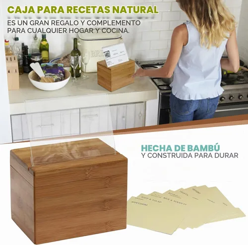 Vista 3 de Oceanstar Bambú – Caja de recetas con divisores, color natural.