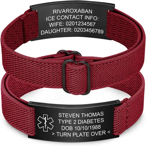 Vista 15 de Pulsera de alerta médica personalizada para hombres - Pulseras de identificación de acero inoxidable con correa elástica personalizada grabada