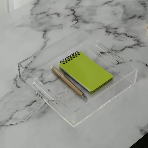 Vista 2 de KEVLANG Bandeja de acrílico transparente resistente con asas, bandeja organizadora de encimera de 8 x 8 x 2 pulgadas de alto para cocina, baño