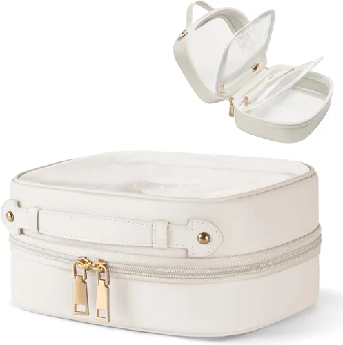 Vista 16 de Bolsa de Cosméticos Transparente de Doble Capa Bolsa de Artículos de Tocador de Viaje Estuche de Maquillaje Transparente con 4 Compartimentos, Bolsa