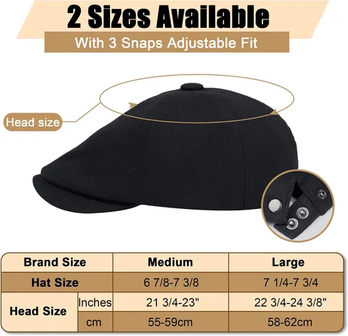 Vista 4 de Newsboy Gorras para hombre, 6 paneles, gorra plana para hombre, sombreros Negro