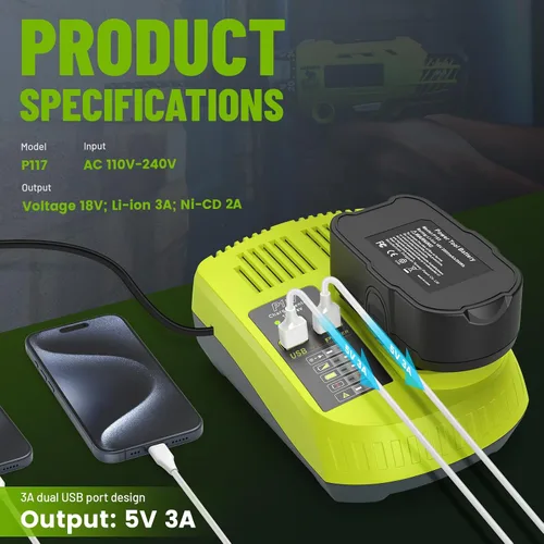 Vista 2 de Paquete de 2 baterías de repuesto P103 de 18 V 3000 mAh y cargador de repuesto de batería P117 de 12 V-18 V, compatible con Ryobi P100 P102 P104