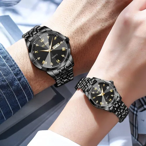 Vista 36 de OLEVS Juego de 2 relojes de cuarzo para parejas de San Valentín, calendario luminoso, ventana de fecha, 3 ATM, impermeable, casual, acero