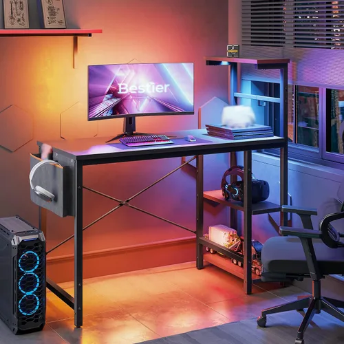 Vista 2 de Bestier - Escritorio de juegos con luces LED, escritorio para PC de 44 pulgadas para espacios pequeños, escritorio de computadora con estantes