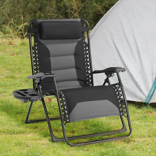 Vista 14 de Zero Gravity - Juego de 2 sillas reclinables plegables de gran tamaño, acolchadas antigravedad con almohada ajustable y portavasos para campamento