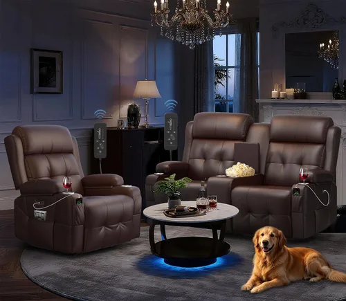 Vista 29 de Sofá reclinable de dos plazas para cine en casa, sofá reclinable de pared con USB, portavasos, sillón reclinable de tela de guijarros, sofá cama
