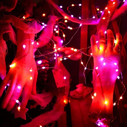 Vista 6 de BrizLabs luces de Halloween moradas y naranjas, guirnalda de luces de 17.48 pies con 50 LED para Halloween, con control remoto, 8 modos