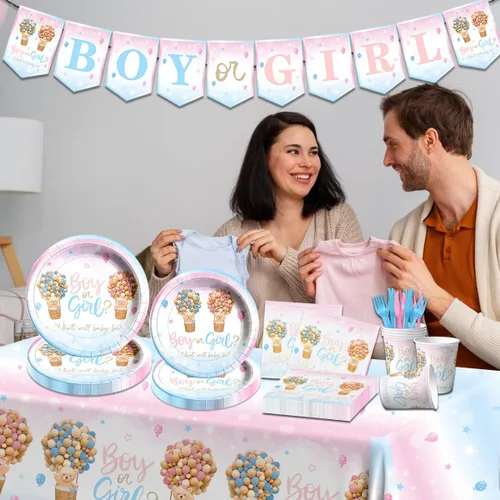 Vista 3 de Baby Bear - Vajilla de revelación de género, 122 piezas, platos y servilletas, tazas, mantel de oso para niños o niñas, suministros de fiesta