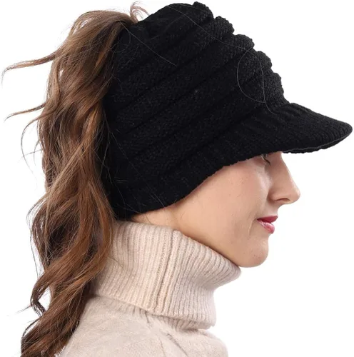 Vista 3 de FORBUSITE Gorro de punto cálido para mujer con diseño de cola de caballo para coleta, gorro B085