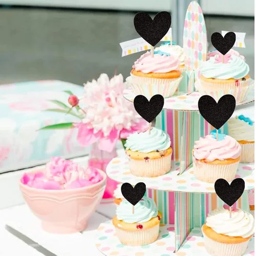Vista 6 de 30 piezas de decoración para cupcakes con diseño de corazón con purpurina para cupcakes, despedida de soltera, boda, compromiso, decoración de Negro