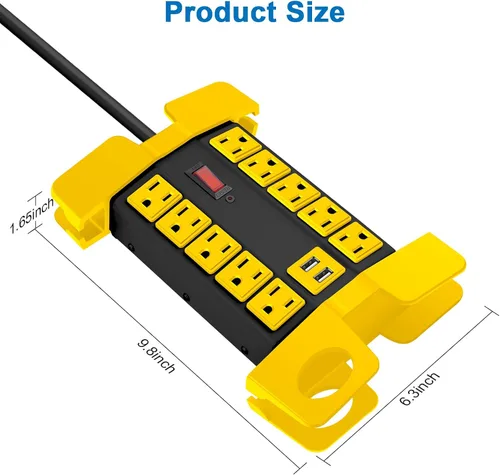 Vista 14 de CCCEI Regleta de alimentación resistente con puertos USB, 10 salidas para garaje, protector de sobretensiones de 2700 julios, metal para taller
