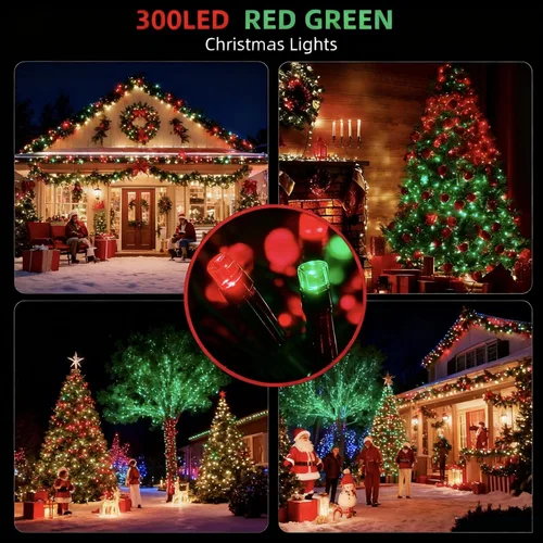 Vista 3 de MZD8391 300 luces LED rojas y verdes de 105 pies, luces de Navidad para interiores y exteriores, luces de árbol de Navidad, decoraciones de fiesta