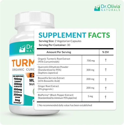 Vista 2 de Suplemento orgánico de cúrcuma con curcumina. Ideal para inflamaciones con jengibre, Boswellia & Bioperine®, complejo formulado por la clínica