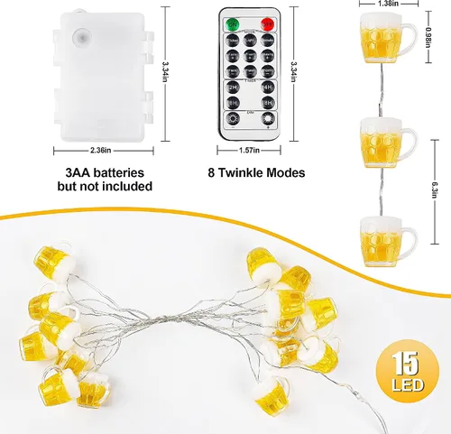 Vista 3 de Guirnalda de luces para taza de cerveza, USB y funciona con pilas con control remoto de 10 pies, 15 luces LED para taza de cerveza para el día