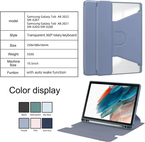 Vista 8 de Funda de tableta para Samsung Galaxy Tab A8 10.5 X200 X205 X207 (versión 2022), ligera funda de cuero con soporte folio de 360 grados compatible
