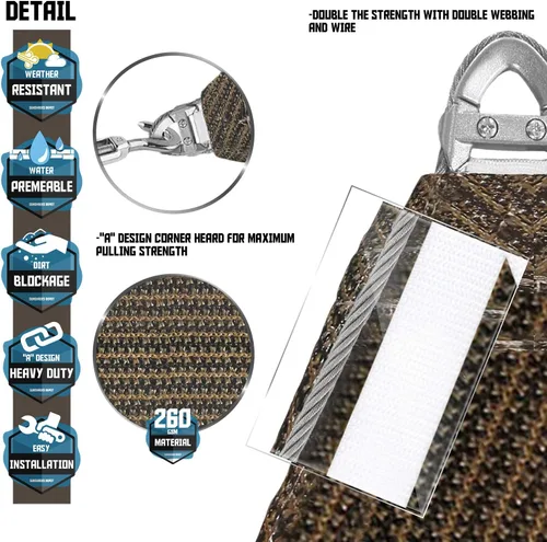 Vista 8 de TANG Toldo tipo vela triangular de 6 x 6 x 6 pies, anillo con refuerzo de alambre de acero, bloqueo UV, resistente, 260 GSM, para patio, pérgola