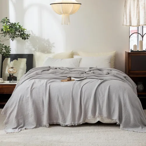Vista 39 de FOSSA Manta de Muselina con Flecos - Gasa de Algodón 100% de 4 Capas Súper Suave y Transpirable - Manta Decorativa Ligera y Refrescante para Cama