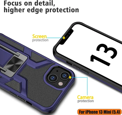 Vista 4 de Funda resistente para iPhone 13 Mini, resistente a los golpes, de grado militar, doble protección (TPU+PC), sólida y duradera, funda magnética