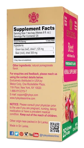 Vista 2 de Hyleys Remolacha y té verde con sabor natural a granada - Té de energía de hierbas - Apoya la concentración - 25 bolsas de té Beet Root & Green