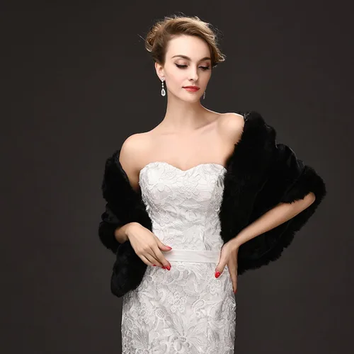 Vista 2 de CHITONE Abrigo de piel sintética negra para mujer, chal para boda, fiesta, espectáculo, Negro