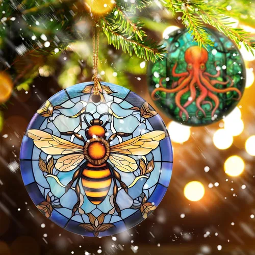 Vista 4 de Touber Adorno Navideño, Adorno de Navidad, Idea de Regalo de Vacaciones, Recuerdo Familiar, Cerámica Redonda, Intercambio de Regalos, Idea de Abeja