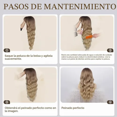 Vista 3 de HAIRCUBE - Peluca marrón con reflejos rubios, peluca larga y rizada con flequillo, peluca marrón de apariencia natural, peluca sintética resistente