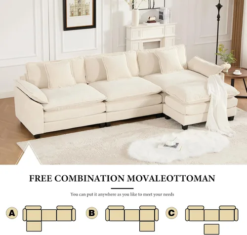 Vista 8 de Sofá seccional modular beige de 117.3", sofás seccionales grandes de 3 plazas para sala de estar, sofá nube oversized de tela chenille con otomana