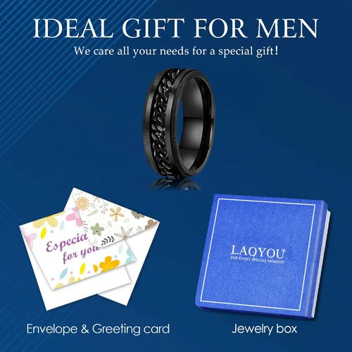 Vista 17 de LAOYOU Anillo giratorio para hombre para alivio de la ansiedad 0.315 in de acero inoxidable negro anillo de ansiedad con incrustaciones de cadena
