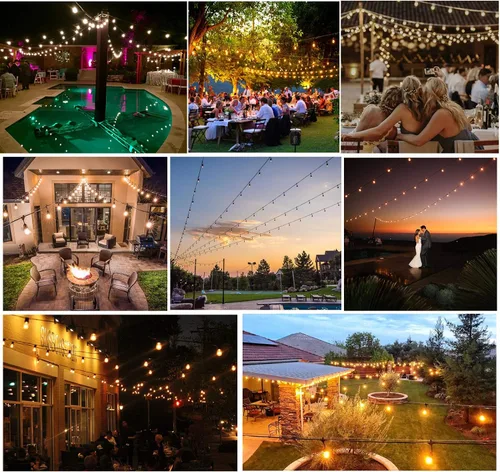 Vista 7 de Tira de luces para exteriores, luz de patio de 100 pies con 32 bombillas Edison regulables S14 inastillables, iluminación exterior resistente al