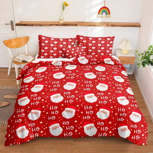 Vista 21 de Juego de ropa de cama de Navidad con funda de edredón de copos de nieve, color blanco y rojo, con estampado navideño, juego de ropa de cama festiva
