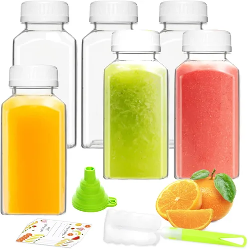 Vista 11 de Botellas de jugo de plástico, recipientes reutilizables para jugo con tapas blancas a prueba de manipulaciones, cepillo, embudo y etiquetas