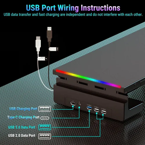 Vista 9 de Yunseity Soporte para monitor con 4 puertos USB, elevador de monitor de altura ajustable con cargador de teléfono, puertos USB Hub y almacenamiento