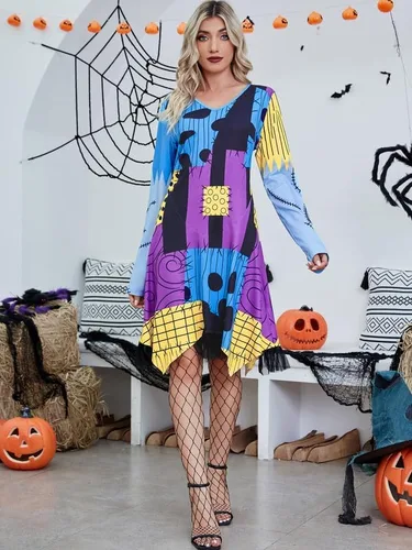 Vista 4 de Disfraces de Halloween para mujer, manga larga, cuello en V, retazos, cosplay, vestido multicolor