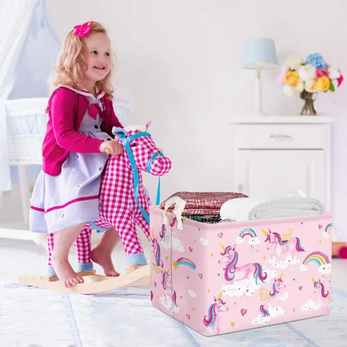 Vista 4 de Clastyle Adorable cesta de estante de unicornios rosados para niños, diseño de nube, corazón, arco iris, cesta de regalo rectangular para ropa