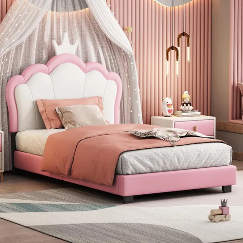 Vista 14 de Cama de plataforma tapizada de tamaño individual, marco de cama de plataforma de madera con cabecera en forma de corona, elementos de dibujos