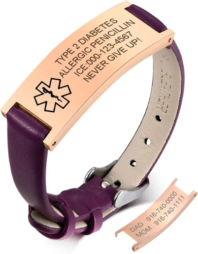 Vista 9 de MPRAINBOW Pulsera de alerta médica personalizada para mujer, correa de reloj de cuero genuino, grabado de doble cara, diabetes, epilepsia, joyería