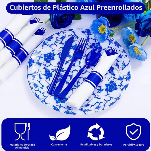 Vista 9 de Juego de 400 cubiertos de plástico azul preenrollados, cubiertos azules resistentes, incluye 100 utensilios desechables envueltos con servilletas