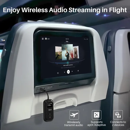 Vista 2 de 1Mii SafeFly Pro Bluetooth 5.3 Transmisor Receptor, Adaptador de Audio Inalámbrico con Pantalla para 2 Auriculares Bluetooth, AptX LL/HD/AD, Uso