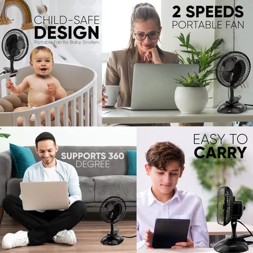 Vista 7 de RamPro Escritorio portátil y ventilador de clip, ventiladores de 6 pulgadas, enchufe pequeño y silencioso, pequeño ventilador de refrigeración Negro