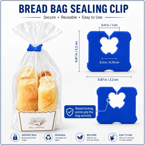 Vista 3 de 100 clips de plástico reutilizables para pan, mantén tu comida fresca con clips para bolsas de alimentos de 7/8 x 7/8 pulgadas (azul)