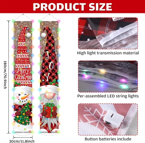 Vista 2 de Irenare Decoraciones de Pancarta de Navidad Iluminada con Luz LED Feliz Navidad Letrero de Porche Frontal Muñeco de Nieve Gnomo Pancarta Colgante