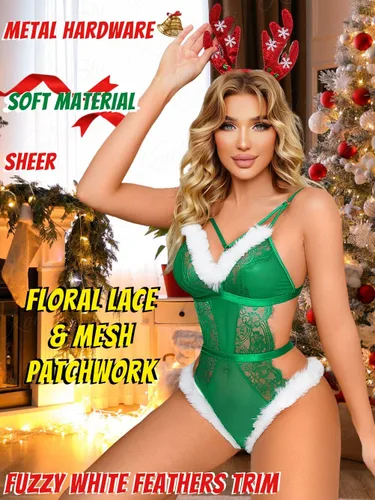 Vista 4 de Kaei&Shi Disfraz sexy de elfo de Navidad, ribete de piel mullida, overol de Papá Noel con entrepierna a presión