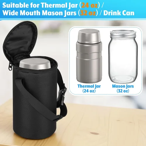 Vista 4 de Bolsa de almuerzo aislada para tarros de alimentos, compatible con termo de 24 onzas, bolsa de boca ancha para tarros Mason con correa ajustable
